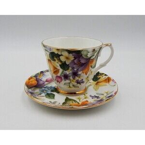 Duchess Fine Bone China Tea Cup Saucer Spring Floral Garden Gold Trim